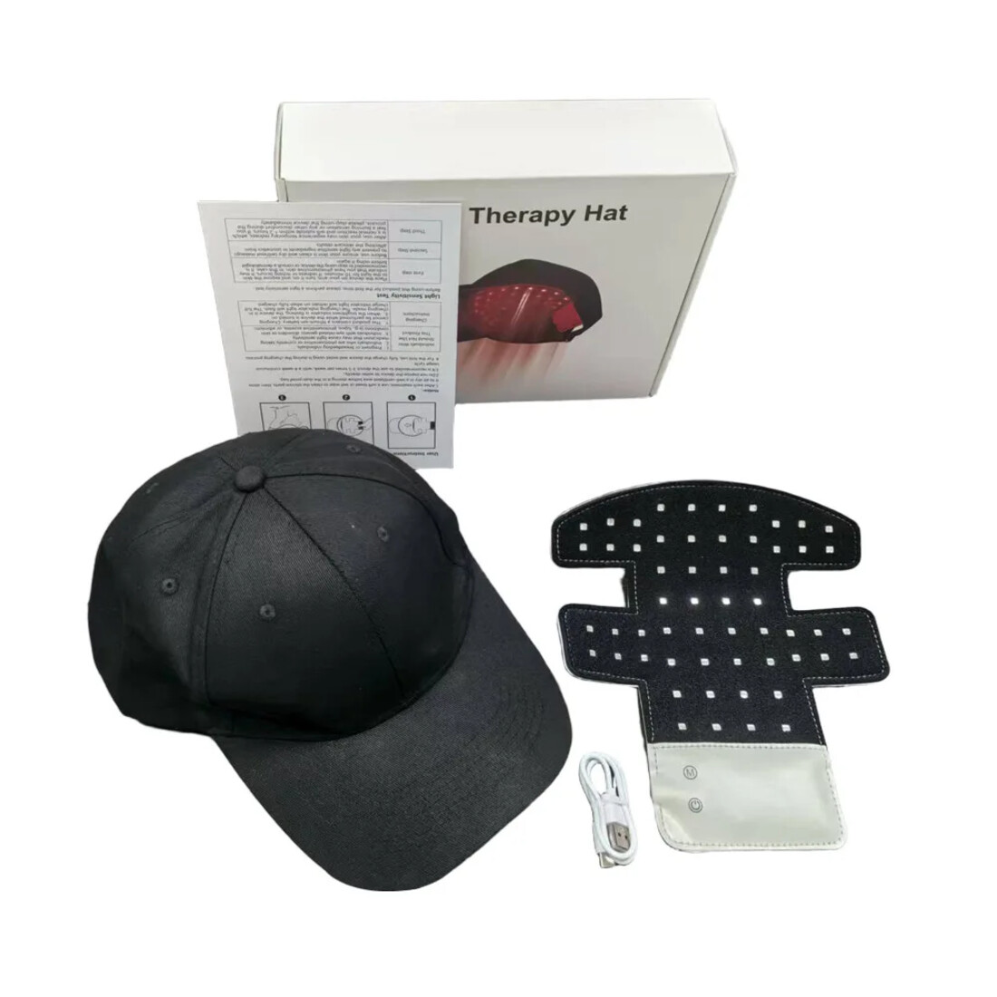 The cap, LED panel, charging cable and box