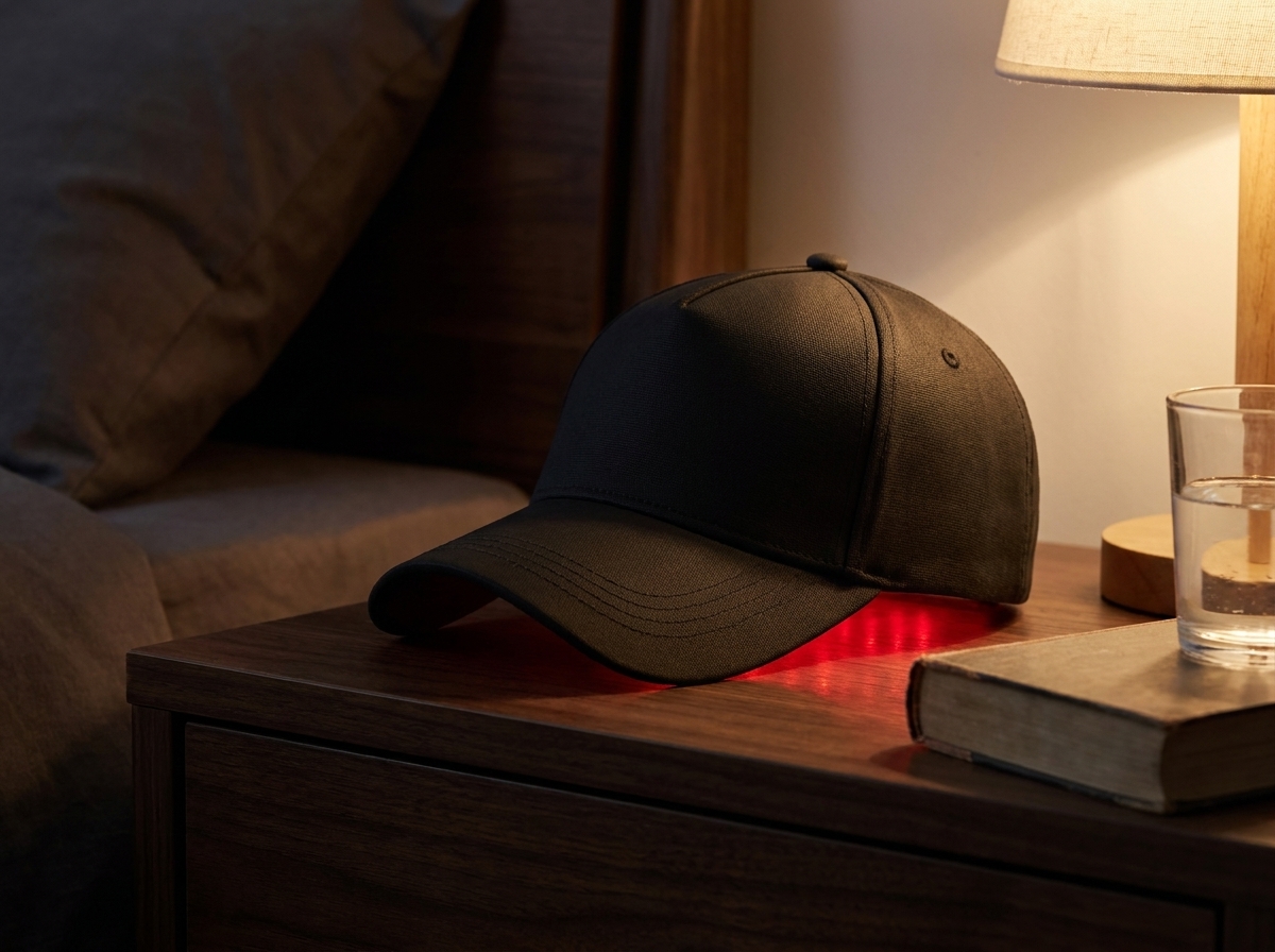 The cap on a bedside table at night, glowing faintly red