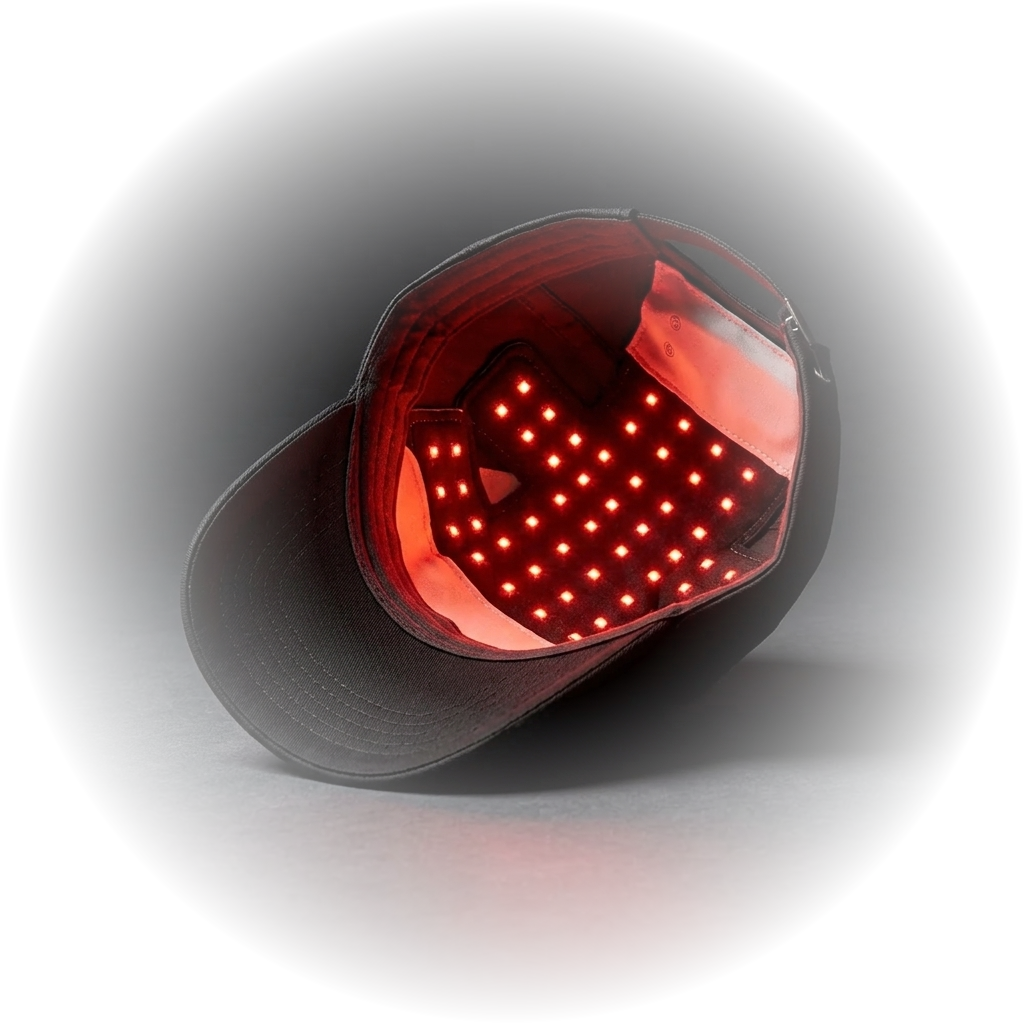 Foliva red light cap with its interior LED array lit
