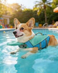 Corgi floating in a pool in the teal vest