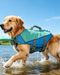 Golden retriever running through shallow water in the teal vest