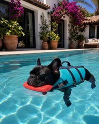 French bulldog swimming in the teal vest